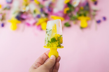 Hand holding floral Ice Pop with summer wildflowers on background of ice cubes and fresh summer flowers on pink paper. Hello summer concept.