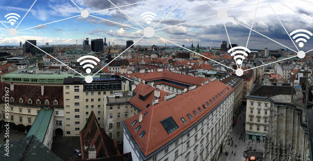 Poster panoramic view at european city with wifi connection lines points, 5g technology