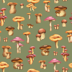 Seamless pattern with watercolor mushrooms. Forest mushrooms pattern. Wood endless background. Mushrooms watercolor pattern. 