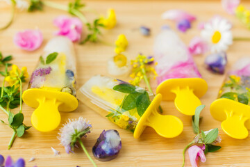 Colorful wildflowers in frozen popsicles and ice cubes and fresh summer flowers on wooden background. Floral Ice Pops.  Creative image. Hello summer concept.