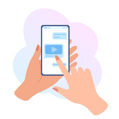 Female hand holding cell phone and chatting. Email, contacts, text message, network, navigation icons. Communication concept in blue colors on white background. Flat design vector