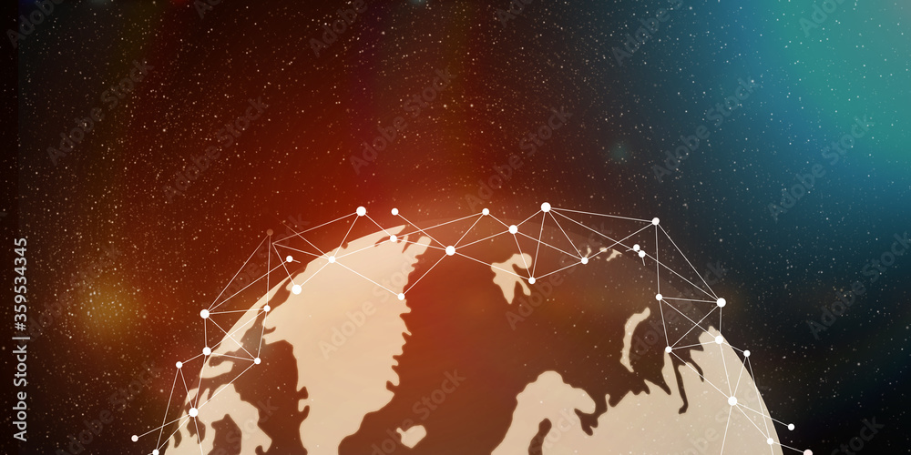 Poster Global Network. World globe rendering with polygonal connections above over sky background