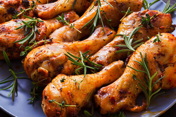 Fried spicy chicken legs with fresh herbs poured over