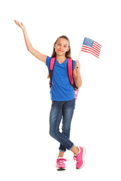 School: Girl Student Holds American Flag