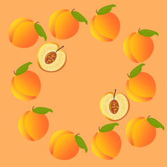 Collage of peaches and peach halves on an orange background in the form of a square frame for text. Banner, postcard, advertisement.
