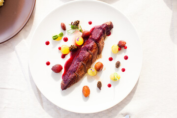 Top view plate with grilled wild deer fillet