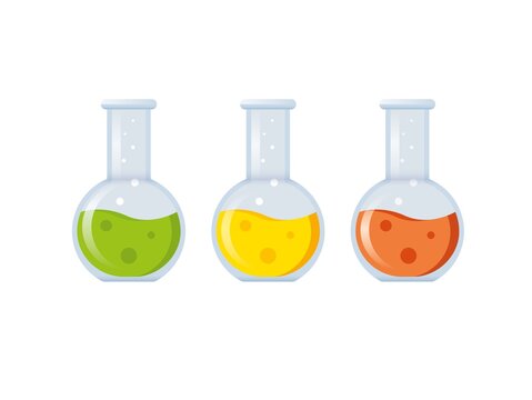 Colorful chemical glass flasks filled with colored liquid. Bright flasks with potion inside. Laboratory glassware equipment icons.