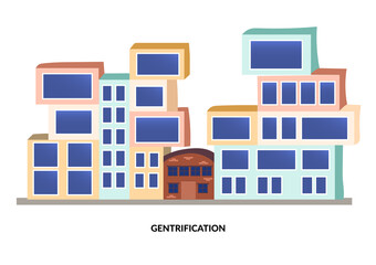 Neighborhood gentrification. Contrast between new modern buildings and old house. Before and after renovation. Flat vector illustration