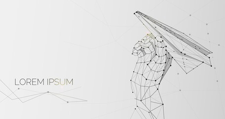 Hand holding paper airplane, illustration made of lines and dots