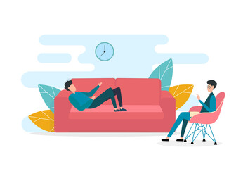 Fototapeta premium Man lying on sofa, telling about his mental problem on visit to psychologist. Vector illustration in flat style