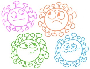 Hand drawn cartoon illustration of four coronavirus infection molecules covid-19 for kids. Doodle fun characters of pathogen microorganisms isolated on a white background.