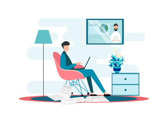 Male character with laptop and newspapers watching news broadcast on TV indoors, vector illustration in flat style