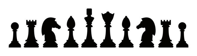 Silhouettes of chess pieces. Chessboard. Black and white. Chess icons. Vector chess isolated on white background. Playing chess on the Board. King, Queen, rook, knight, Bishop, pawn