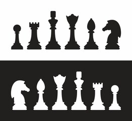 Silhouettes of chess pieces. Chessboard. Black and white. Chess icons. Vector chess isolated on white background. Playing chess on the Board. King, Queen, rook, knight, Bishop, pawn