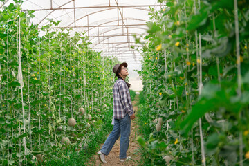 Smart farmer of the garden is looking at the garden and its produce.