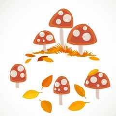 Amanita with yellow leaves vector drawing isolated on white background