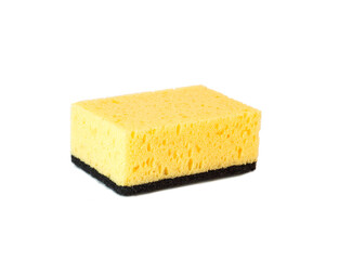 One yellow with black kitchen sponge for washing dishes on white background