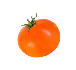 One ripe bright red tomato with green tail on white background