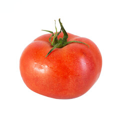 One ripe bright red tomato with green tail on white background