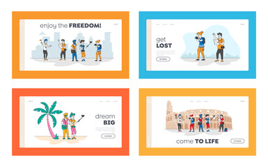 Naklejka na ściany i meble People Travel Landing Page Template Set. Group of Young Characters with Backpacks and Photo Cameras Traveling Abroad. Active Tourists Visit Coliseum Sightseeing with Guide. Linear Vector Illustration