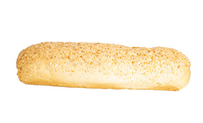 Appetizing baked golden bun with sesame seeds on white background