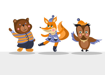 Funny animals. Bear, fox, owl. Vector graphics. Stock illustration.