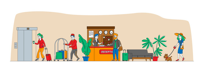 Hospitality, Characters Arrive and Leave Hotel. Businessman at Reception Take Keys from Room at Clerk Desk. Lobby Staff Meeting Guests. Bellboy Carry Woman Luggage. Linear People Vector Illustration