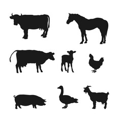 Farm animals silhouettes collection.