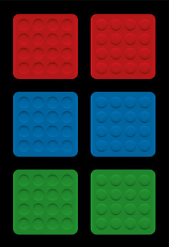 Concave and convex circles. Dimples with dark shading at the top, bulges with light shading at he top. Craters and bumps illusion with red, blue and green plates. 

