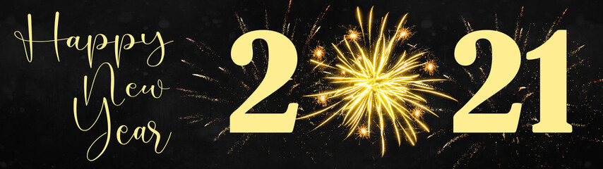 HAPPY NEW YEAR 2021 - Festive silvester Party celebration background panorama banner long - Golden yellow firework on black night texture with space for text