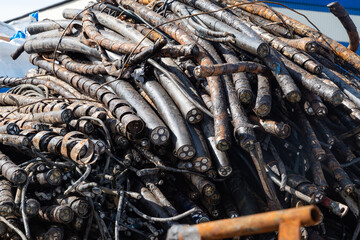 Cutaway high voltage cable. Many high voltage cables, a bunch.