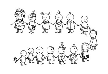 Kindergarten. Hand drawn funny kids and teacher. Doodle Vector Illustration.
