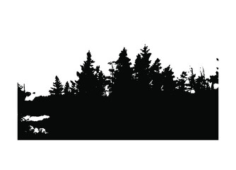 Pine forest trees landscape silhouette black vector drawing isolated on white background.Stencil of fir,cypress.Christmas,Winter spruces border banner design.Wooden decor element for Happy new year. - obrazy, fototapety, plakaty