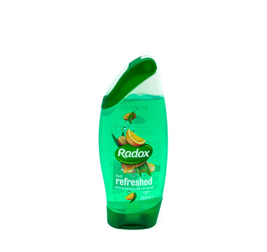 Largs, Scotland, UK - April 25, 2018:                                       A Bottle of Radox Shower Gel in a Plastic Recyclable Bottle. in agreement with UK Government initiatives 