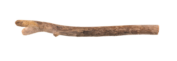 ancient primitive wooden stick isolated on white background
