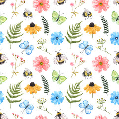 Watercolor cute wildflowers seamless pattern. Summer flowers, grass, herbs, butterflies, honey bees on white background. Colourful botanical print for textile, nursery design.
