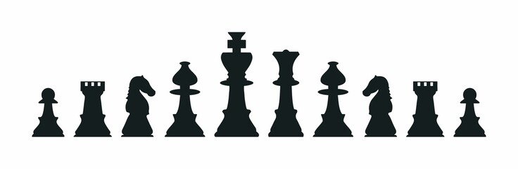 Silhouettes of chess pieces. Chessboard. Black and white. Chess icons. Vector chess isolated on white background. Playing chess on the Board. King, Queen, rook, knight, Bishop, pawn