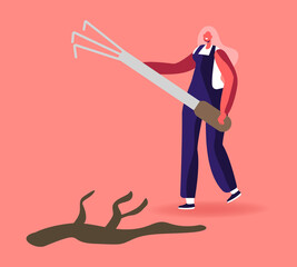 Woman with Rakes Gardening Hobby, Removing Trash from Ground Cleaning Earth Surface. Recycling Ecology Protection Concept. Character Saving Planet, World Environment Day. Cartoon Vector Illustration