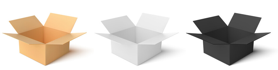 Cardboard box of 3 types: color, black, white. Empty open boxs isolated on white  background. Vector illustration.