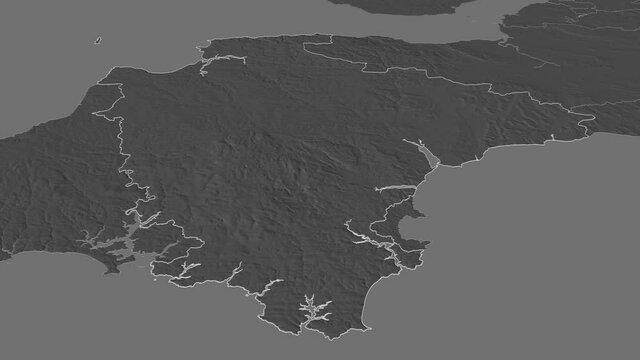 Devon, administrative county with its capital, zoomed and extruded on the bilevel map of England in the conformal Stereographic projection. Animation 3D