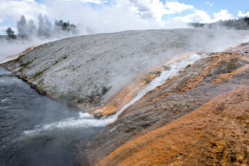 Hot water from Geyser flows into river.
