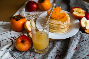 pancakes with honey and fruit juice