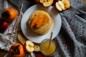 pancakes with honey and fruit juice