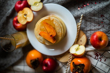 pancakes with honey and fruit juice