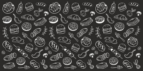 Collection of kitchen elements. Food. Barbecue and grill sketches on Board. Drawn barbecue elements around the text. Grill time. Roast meat grill chicken mushroom steaks burgers. Bbq vector © Aleksandra