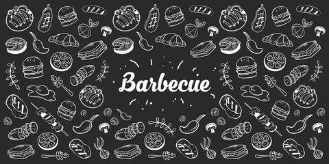 Collection of kitchen elements. Food. Barbecue and grill sketches on Board. Drawn barbecue elements around the text. Grill time. Roast meat grill chicken mushroom steaks burgers. Bbq vector