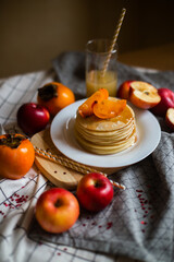 pancakes with honey and fruit juice