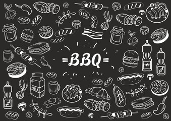 Collection of kitchen elements. Food. Barbecue and grill sketches on Board. Drawn barbecue elements around the text. Grill time. Roast meat grill chicken mushroom steaks burgers. Bbq vector