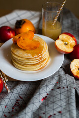 pancakes with honey and fruit juice