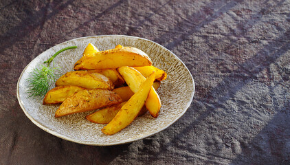 Golden potatoes baked with turmeric on a plate with a sprig of dill. Light and shadow drawing, close-up, copying space..